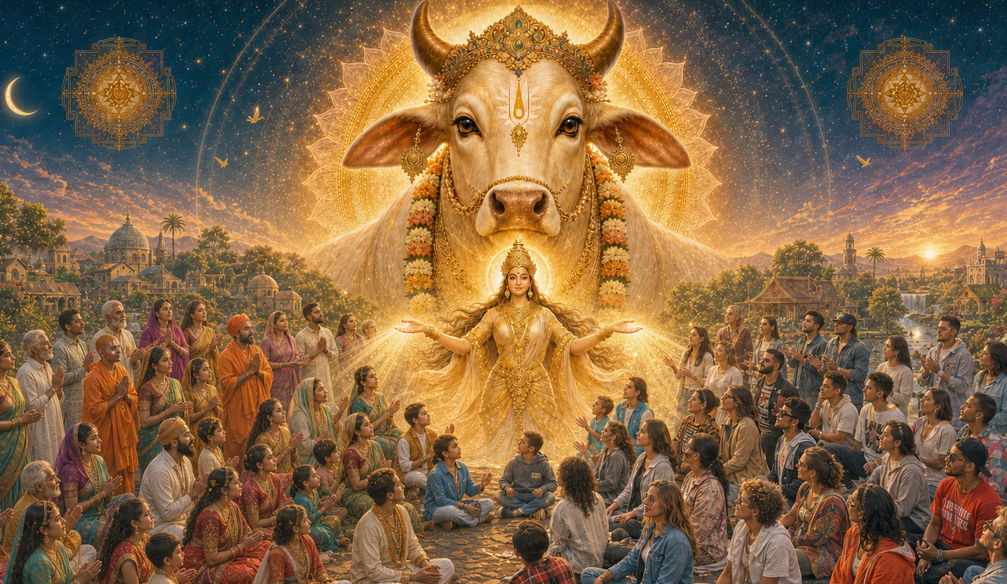 Sacred cow and divine mother surrounded by seekers in golden light